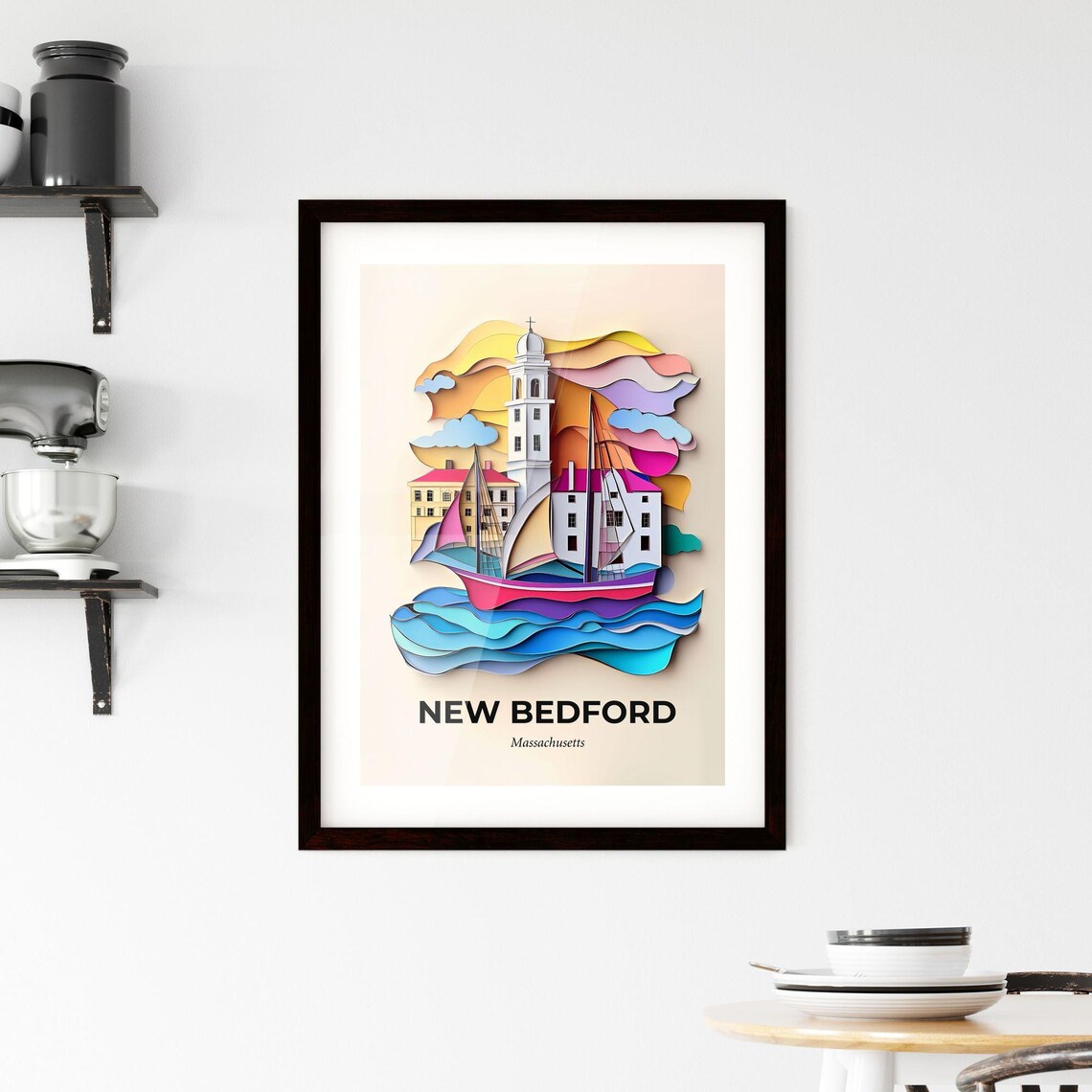 New Bedford Massachusetts Sunset Sailboat Papercut Art Poster - Image 2