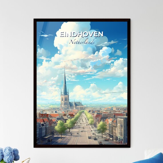 Eindhoven Netherlands Church Spire Street Blue Sky Travel Poster
