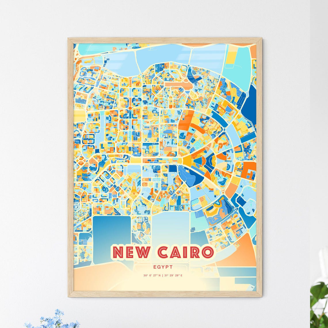 New Cairo Egypt City Map Blue Orange Modern Cartography Art Poster