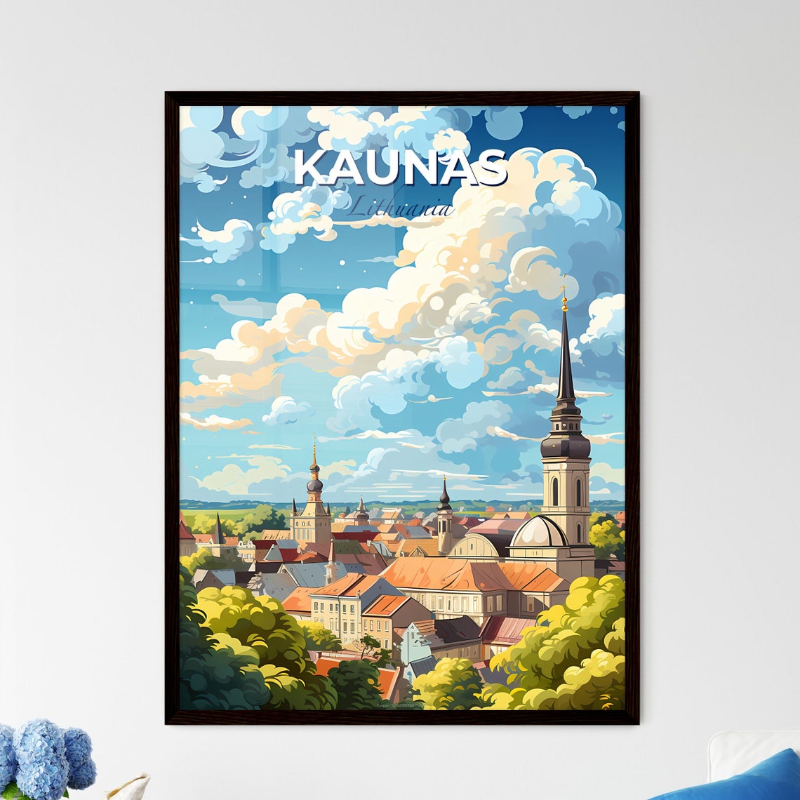 Kaunas Lithuania Illustrated Old Town Skyline Travel Art Poster