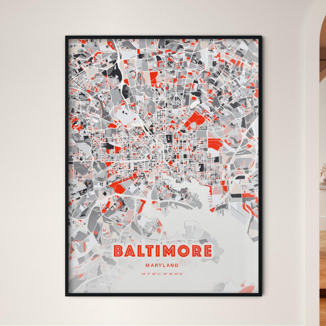 Baltimore Maryland Modern Red Abstract City Street Map Art Poster
