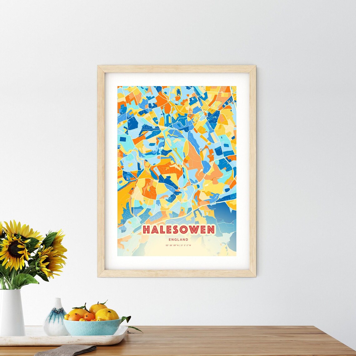 Halesowen England Colorful Blue and Orange Retro City Street Map Wall Art - Image 2
