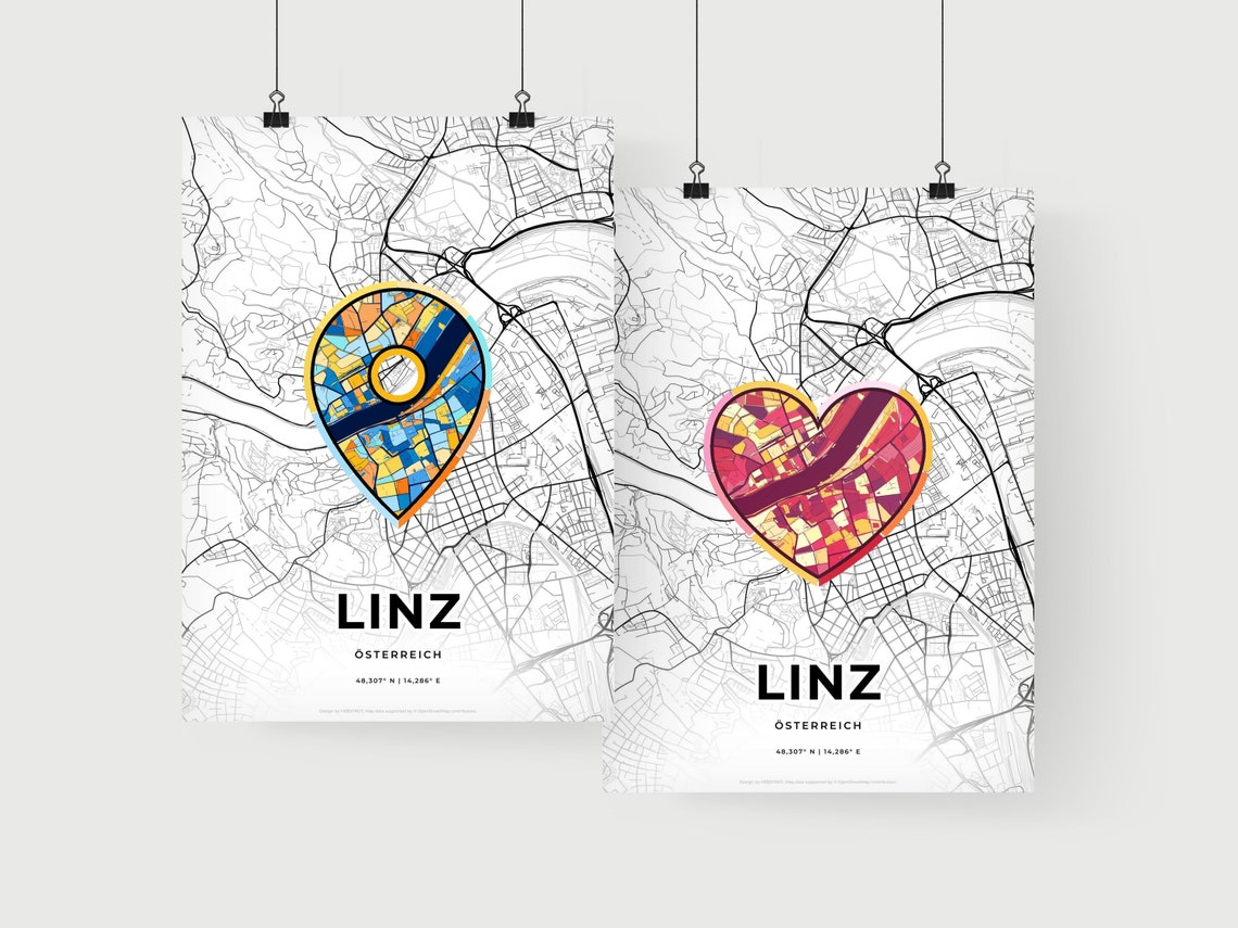 Linz Austria City Modern Minimalist Heart Street Map Art Poster - Image 2