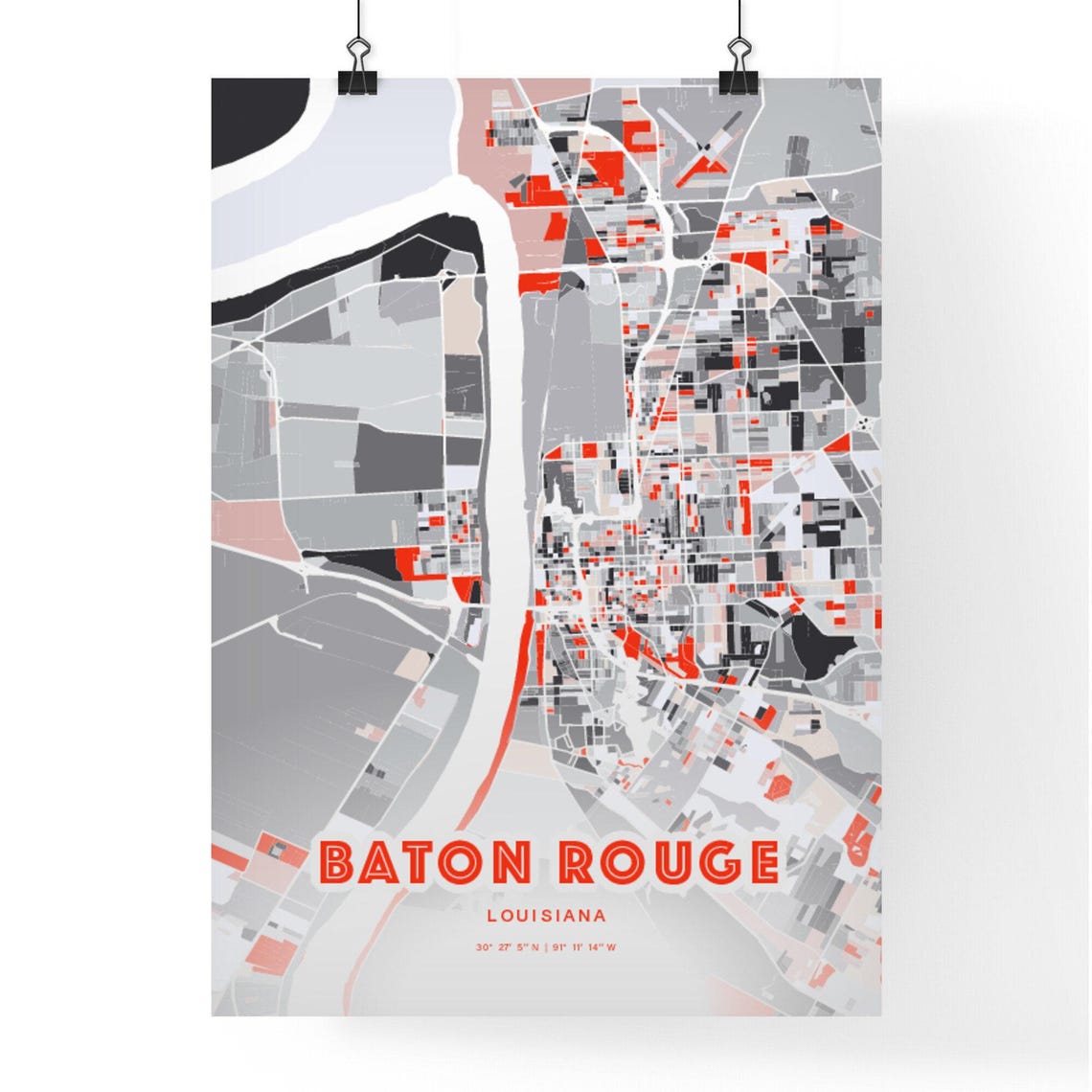 Baton Rouge Louisiana Modern Red Expressive City Map Art Poster - Image 3