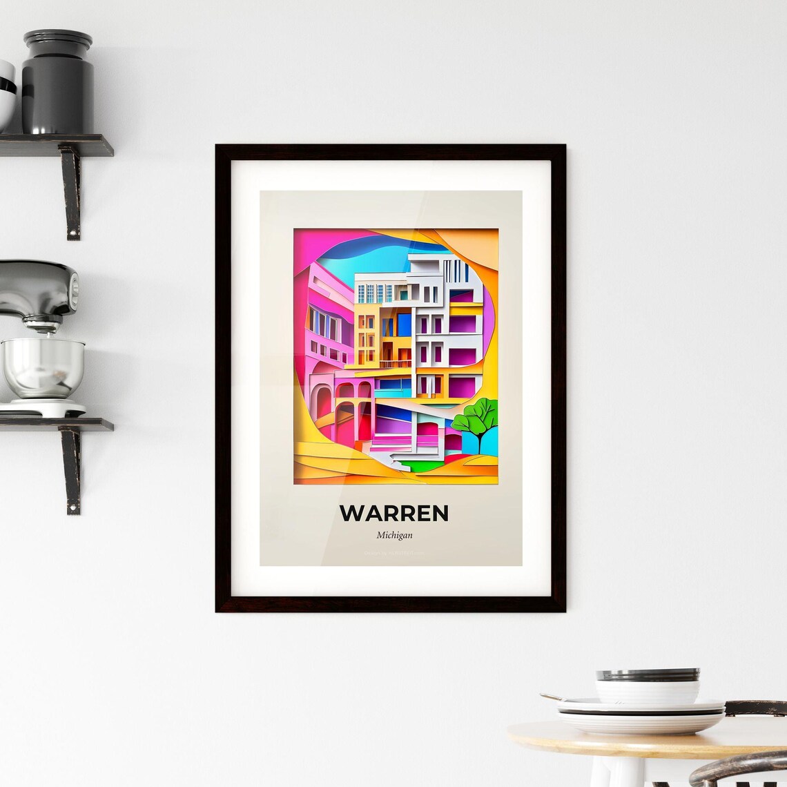 Warren Michigan Colorful City Buildings Paper Cut Art Poster - Image 2