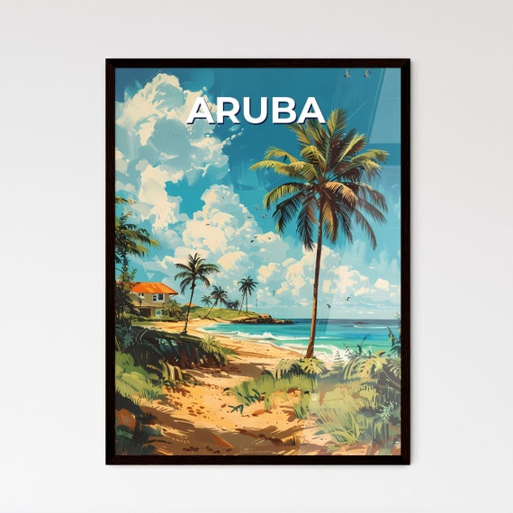 Abstract Caribbean Seaside Art House And Palm Trees On Vibrant Tropical Beach Travel Destinations Customizable