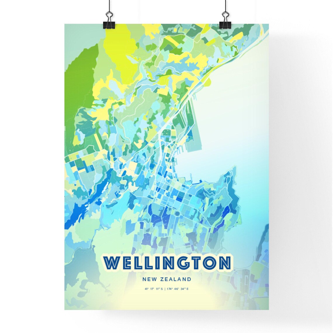 Wellington New Zealand Pastel Blue City Map Art with Coordinates Poster - Image 3