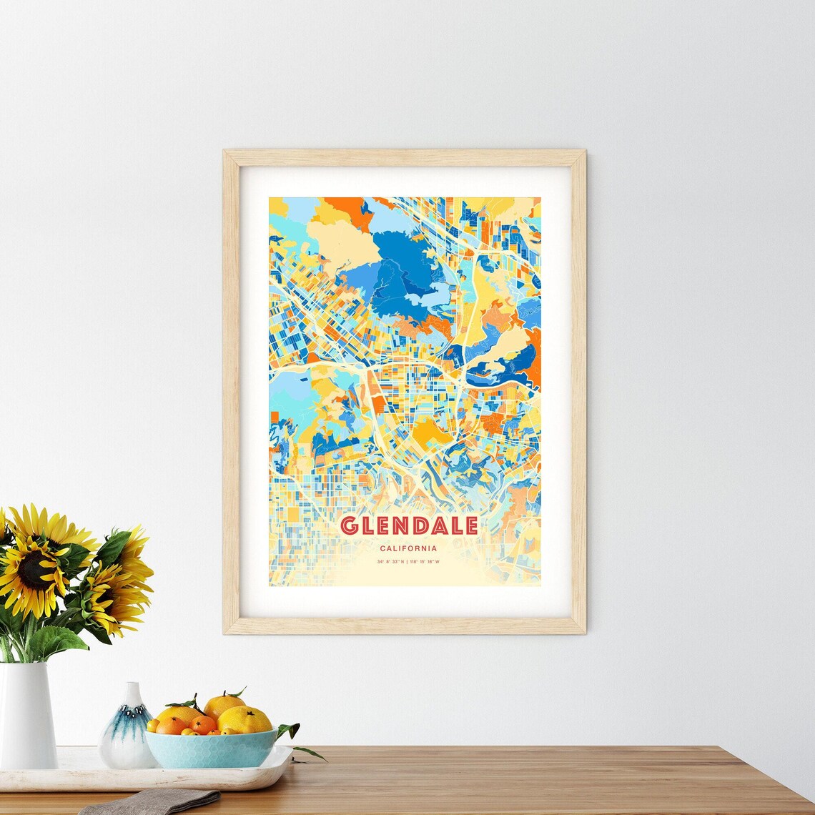 Glendale California Colorful Blue Orange City Street Map Art Poster - Image 2