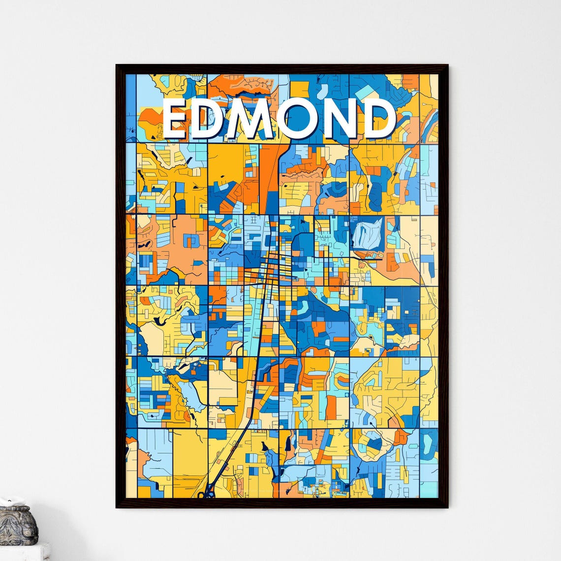 Edmond Oklahoma Bright Bold Blue and Orange City Map Decor Poster