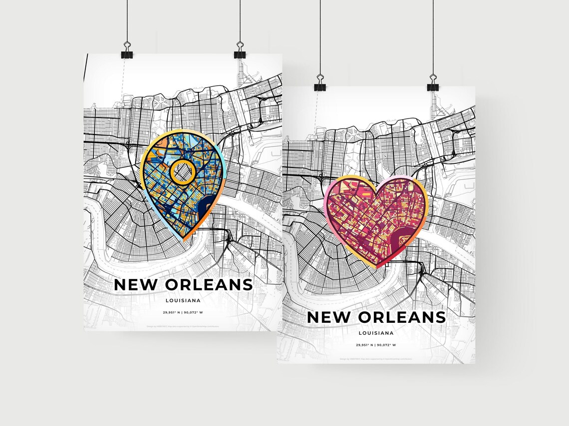 New Orleans Louisiana Minimal Map Art With Colorful Heart Icon Poster - Image 2
