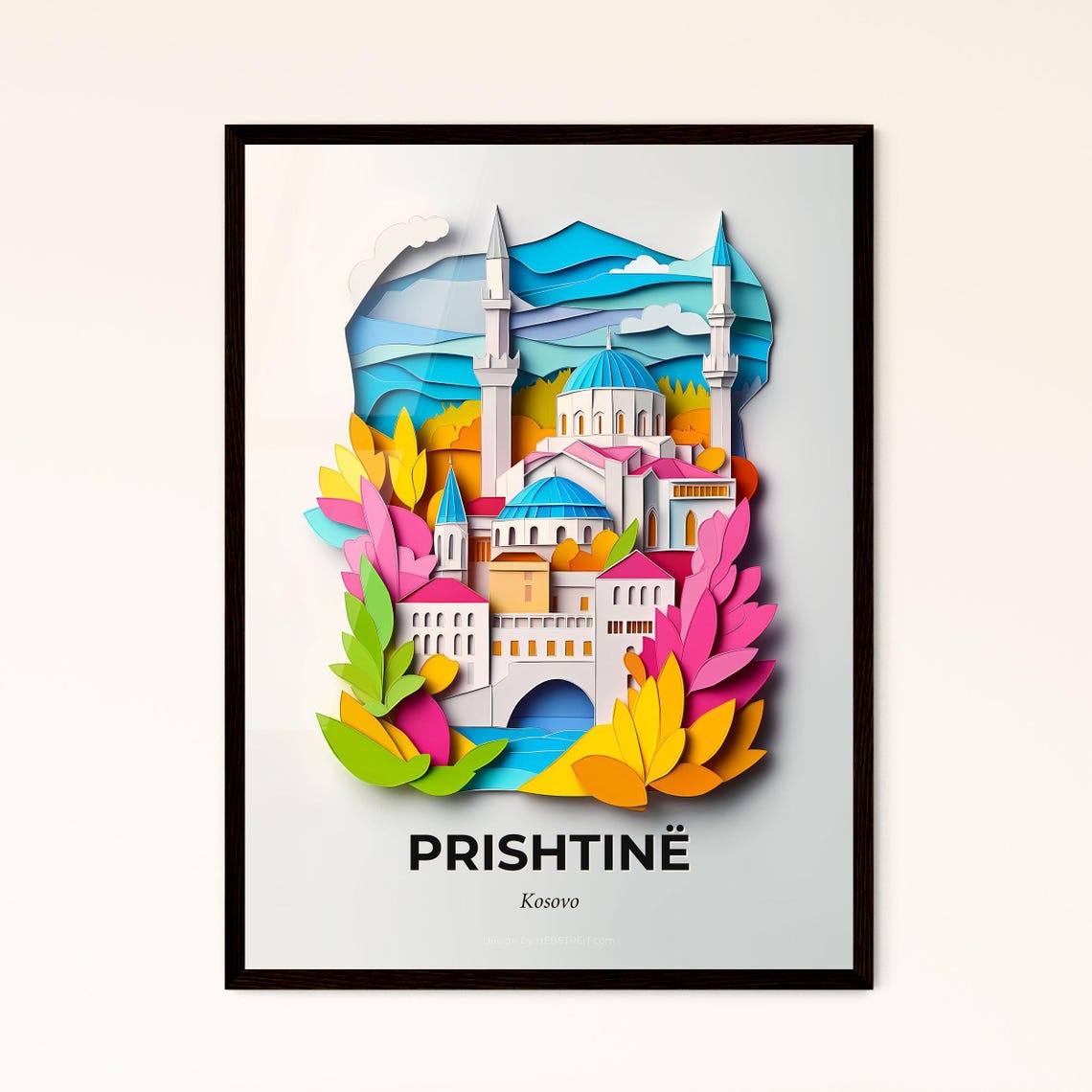 Vivid Prishtin Pritina Kosovo A Paper Cut Of A Mosque With A Blue Dome Fine Art Print Customizable