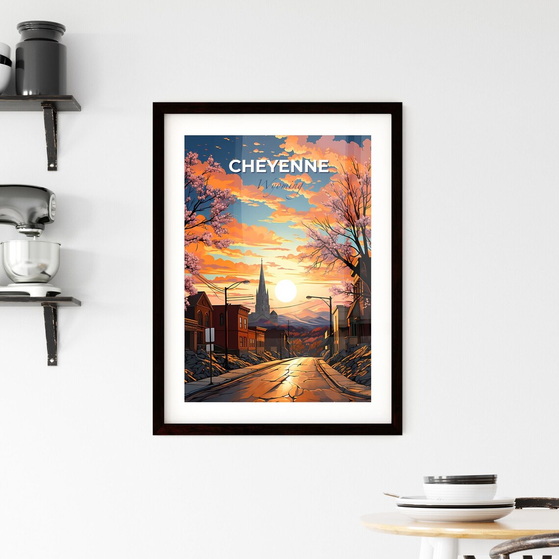 Cheyenne Wyoming Sunset Street Church Spire Blossom Travel Poster - Image 2