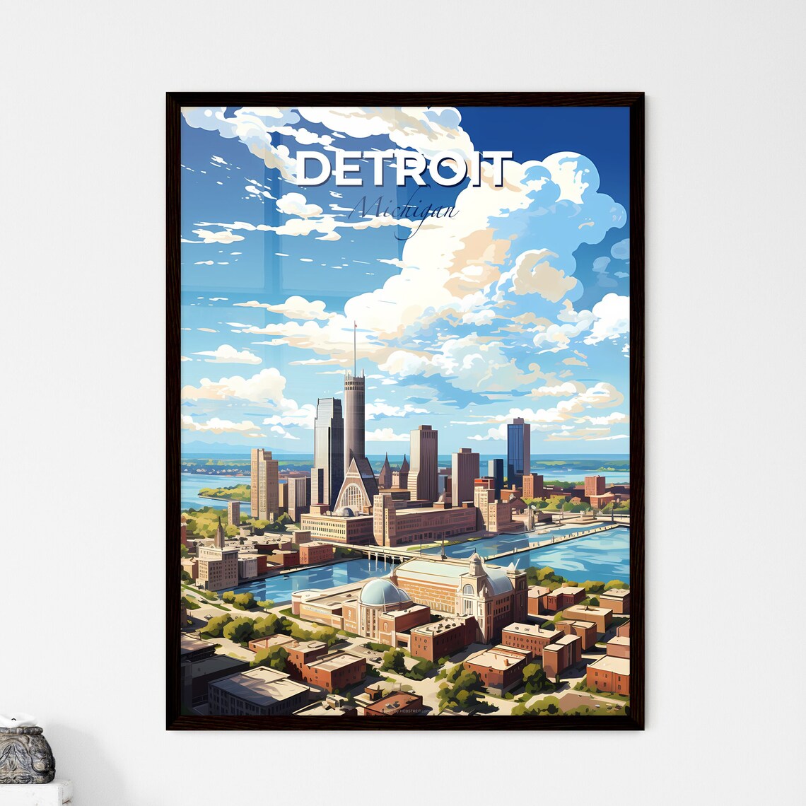Detroit Michigan Riverfront Downtown Skyline City Travel Art Poster
