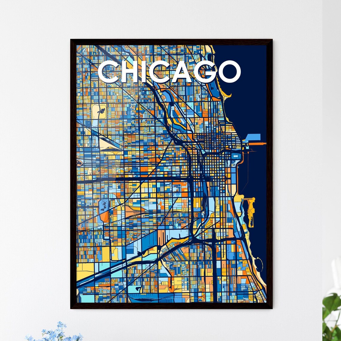 Chicago Illinois Stylish Vibrant Blue and Orange Mosaic City Map Poster