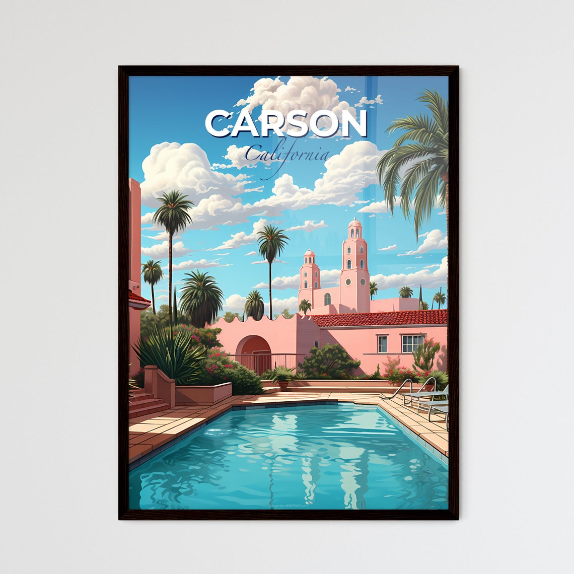 Carson California Courtyard Pool Travel Poster Palm Trees City Art
