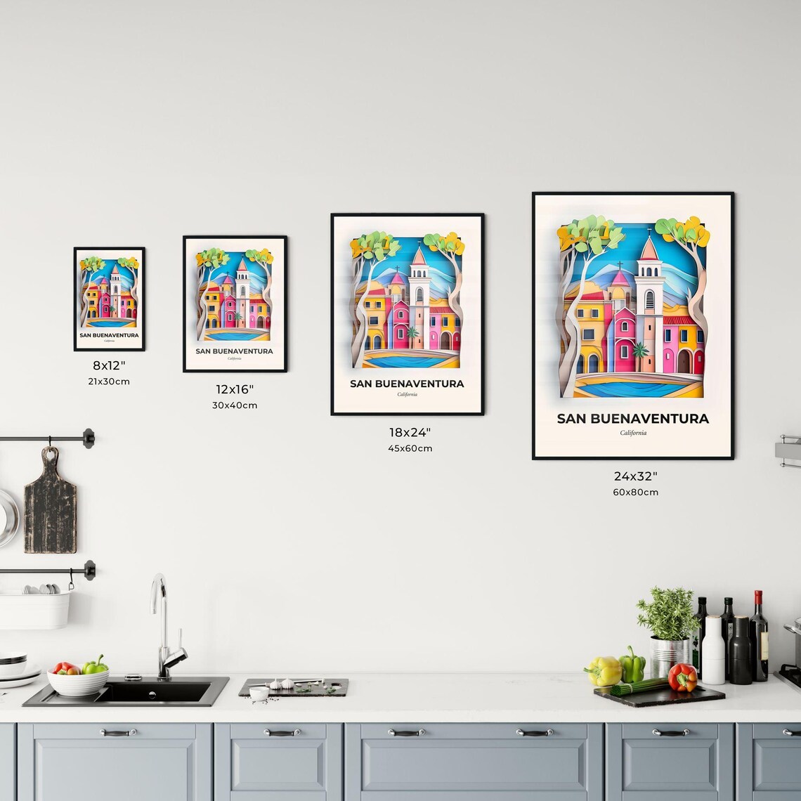 San Buenaventura California Mission Style Papercut Art Poster - Image 3