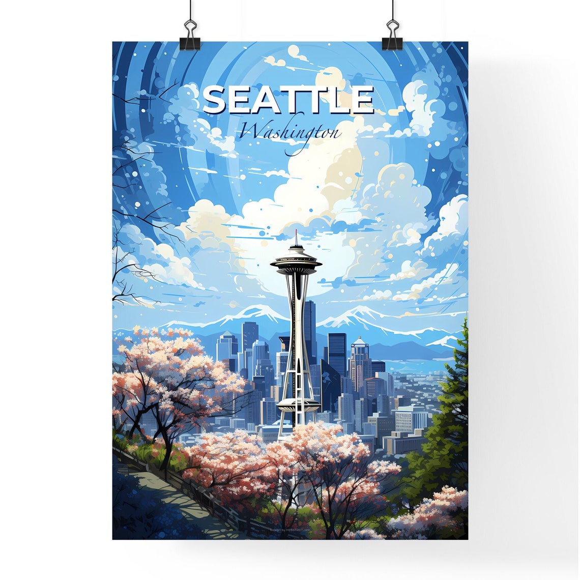 Seattle Washington Space Needle Cherry Blossoms Skyline Poster - Image 4