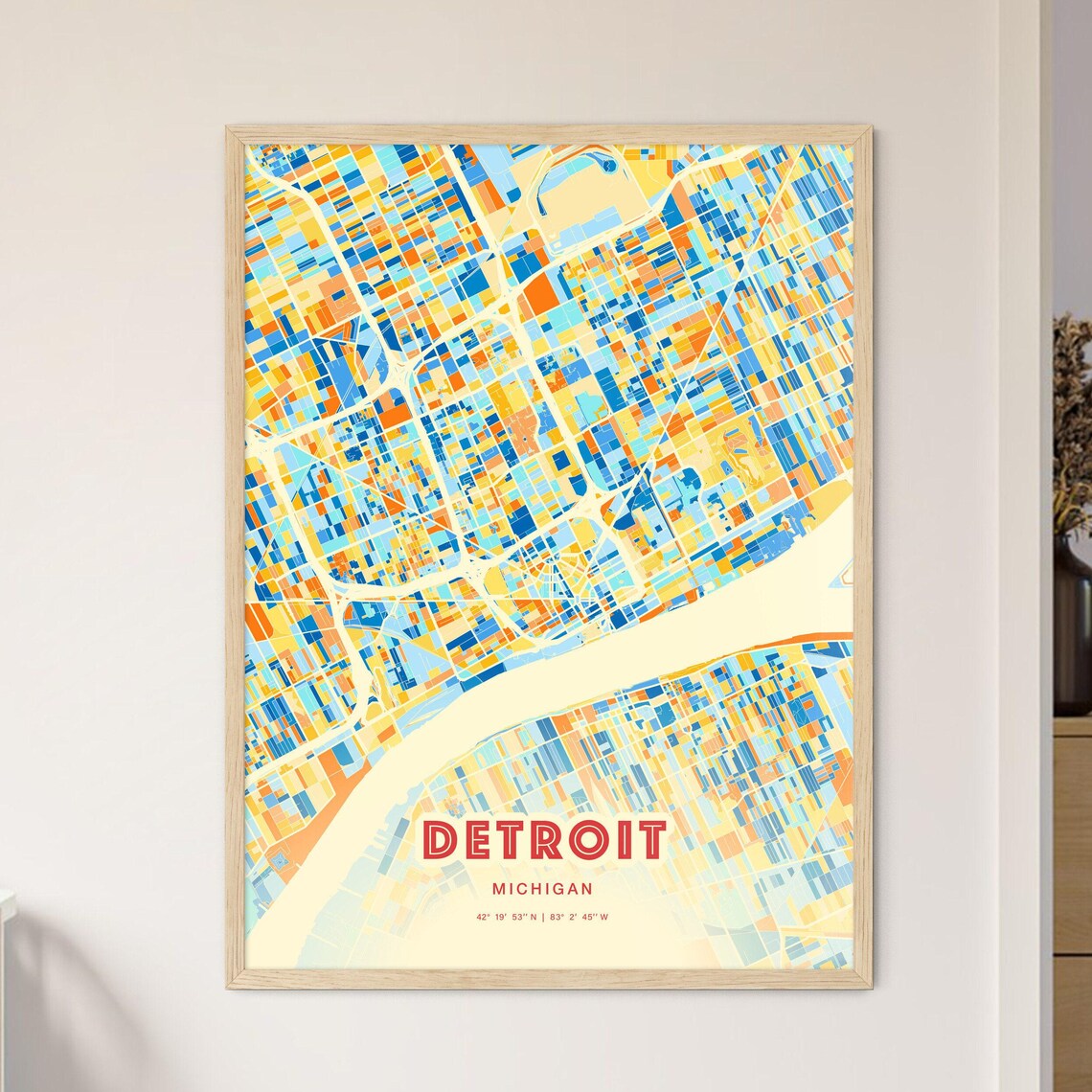 Detroit Michigan Blue Orange Vibrant Downtown Street Map Art Poster
