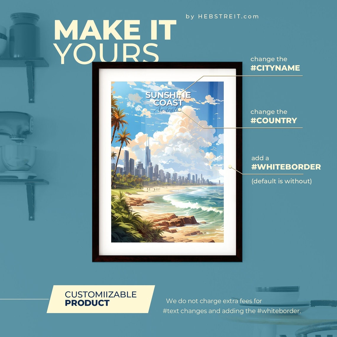 Sunshine Coast Australia Golden Surf Beach Skyline Travel Poster - Image 2