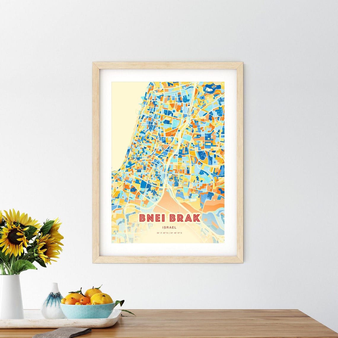 Bnei Brak Israel City Map Abstract Blue Orange Modern Art Print - Image 2