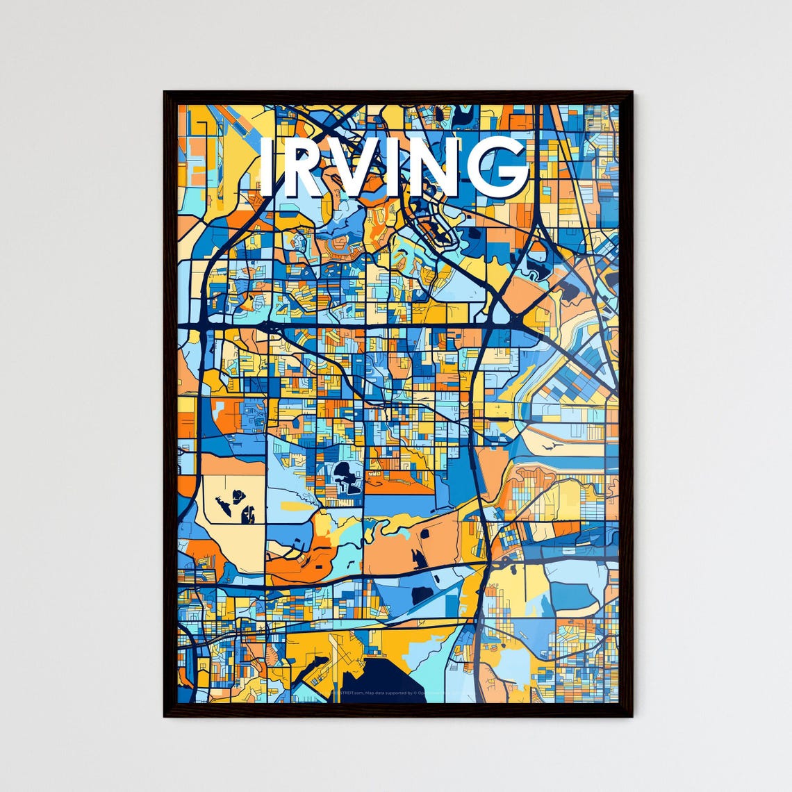 Irving Texas Vibrant Stylized Blue and Orange City Map Poster
