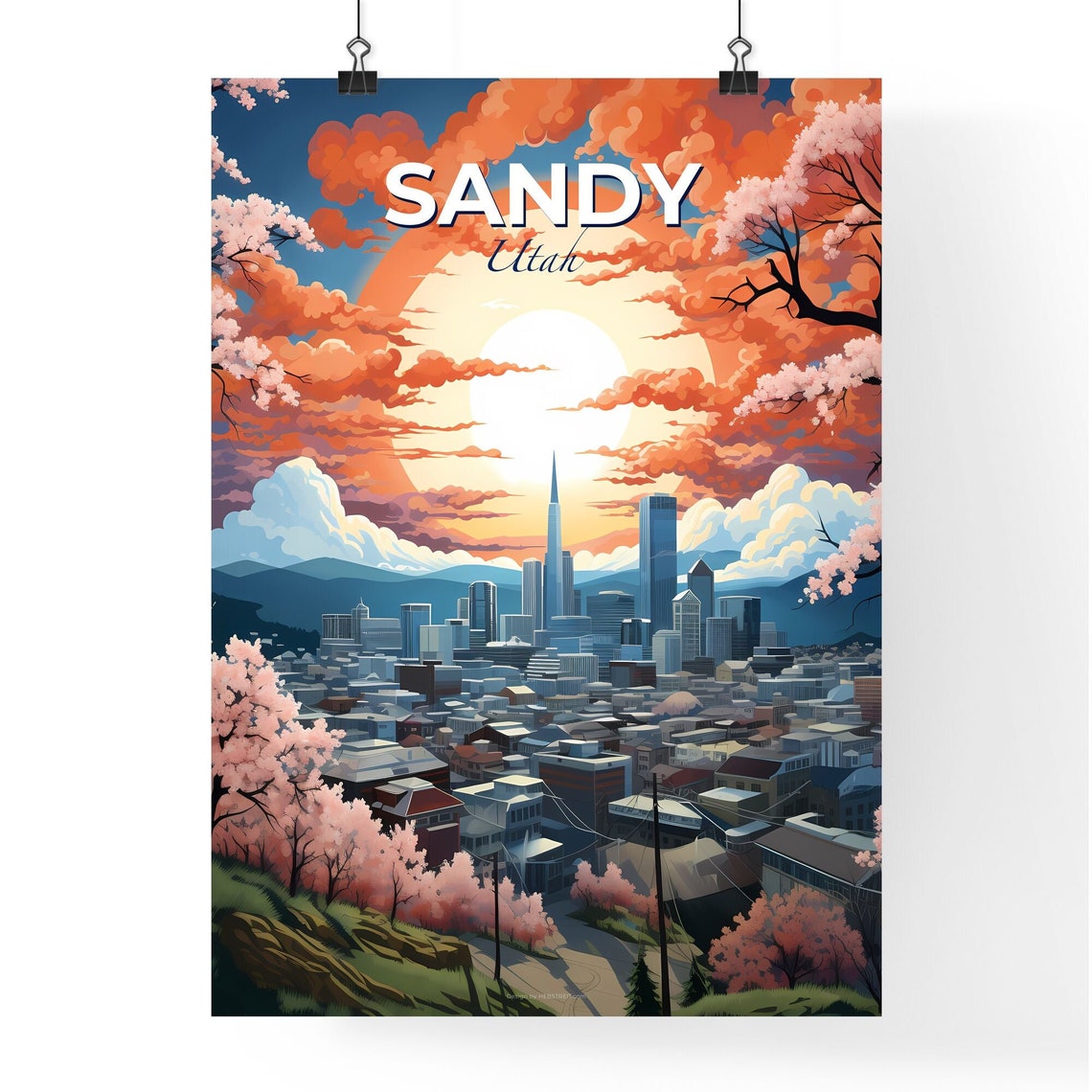 Sandy Utah City Skyline Sunset With Cherry Blossom Trees Poster - Image 4