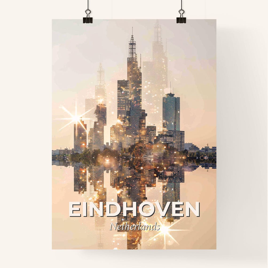 Eindhoven Netherlands Modern Towers Mirrored Golden Skyline Poster - Image 4