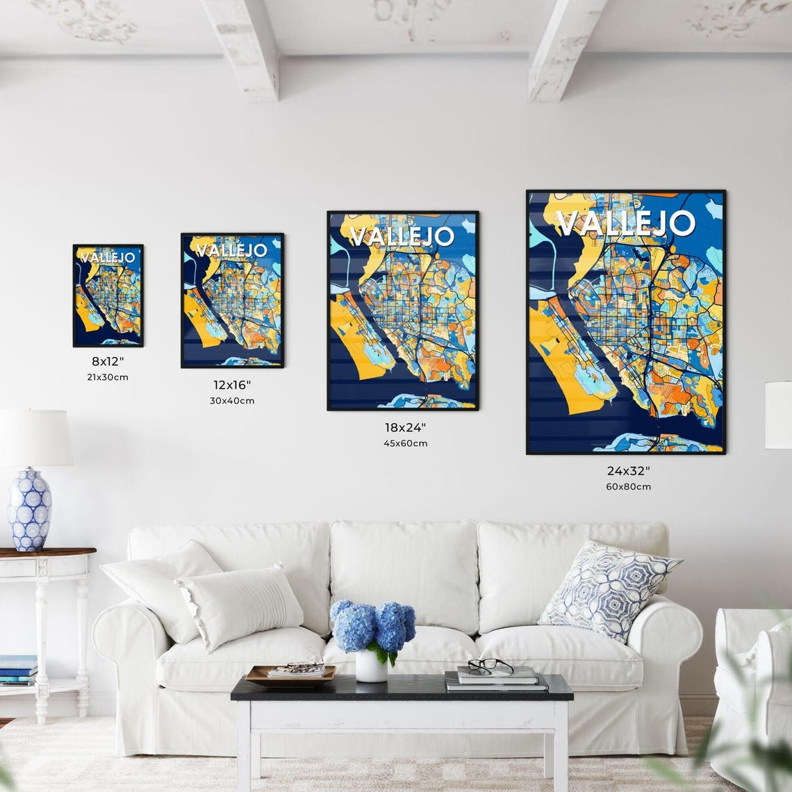Vallejo California Blue Orange Bold Waterfront Map Art Poster - Image 3