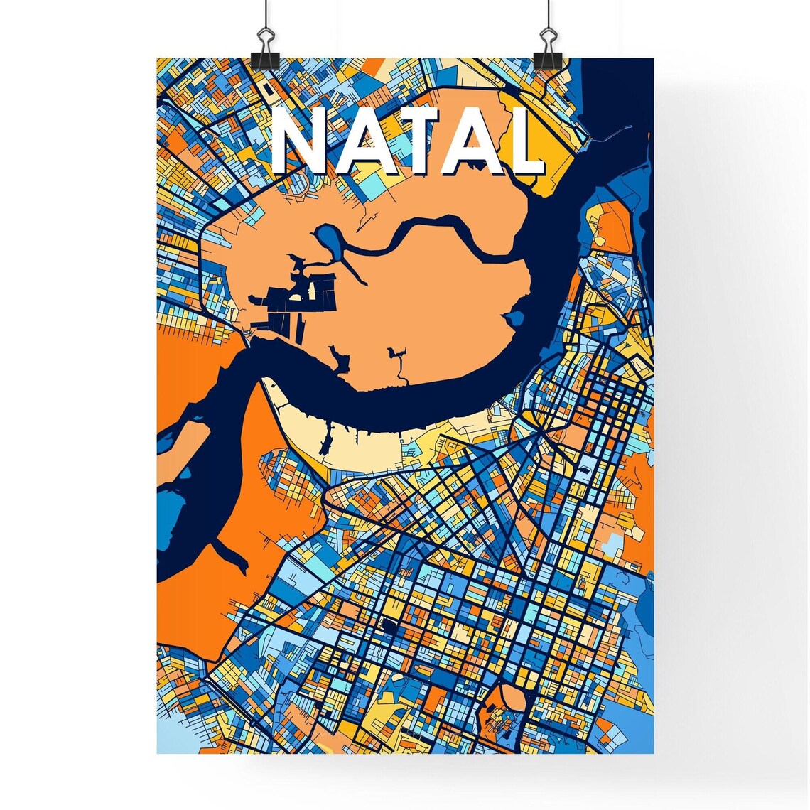 Natal Brazil Stylish Vibrant Blue and Orange Mosaic City Map Poster - Image 4