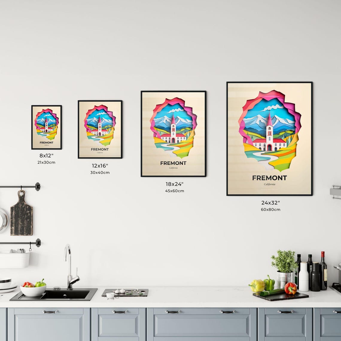 Fremont California Church And Mountain Peak Paper Cut Art Poster - Image 3