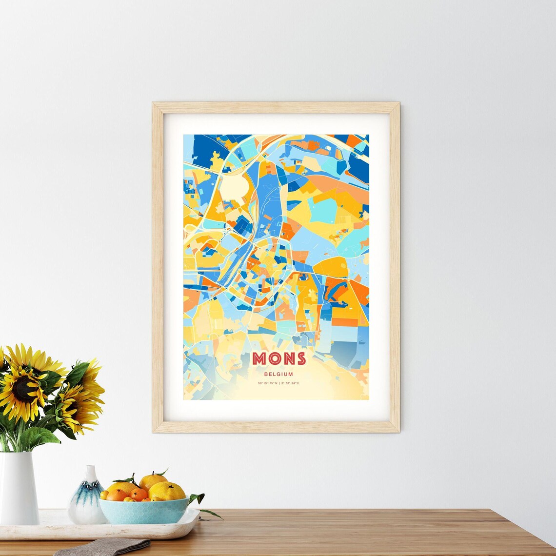 Mons Belgium Blue Orange Colorful City Map Art Poster With Coordinates - Image 2