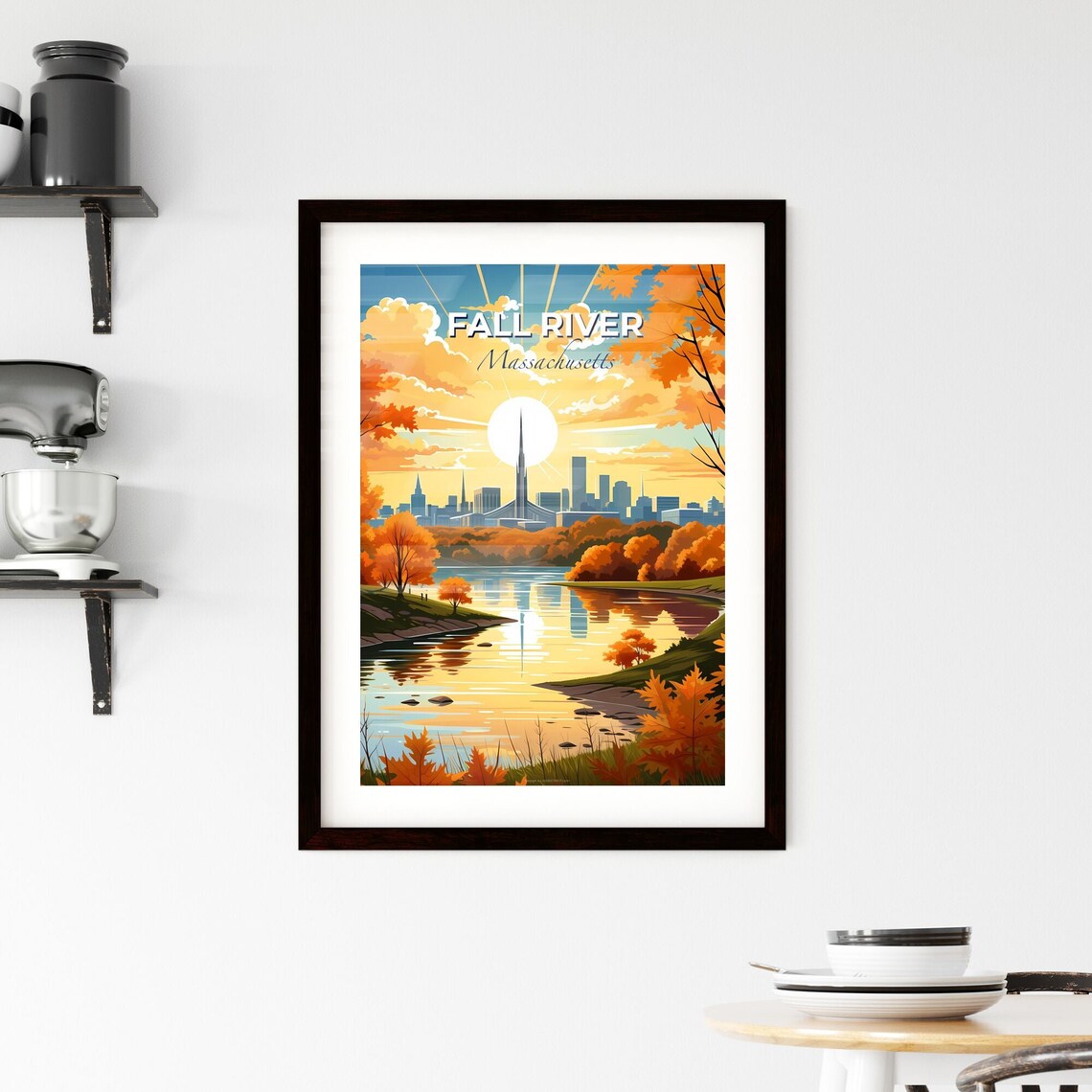 Fall River Massachusetts Autumn Lake Skyline Vintage Travel Poster - Image 2