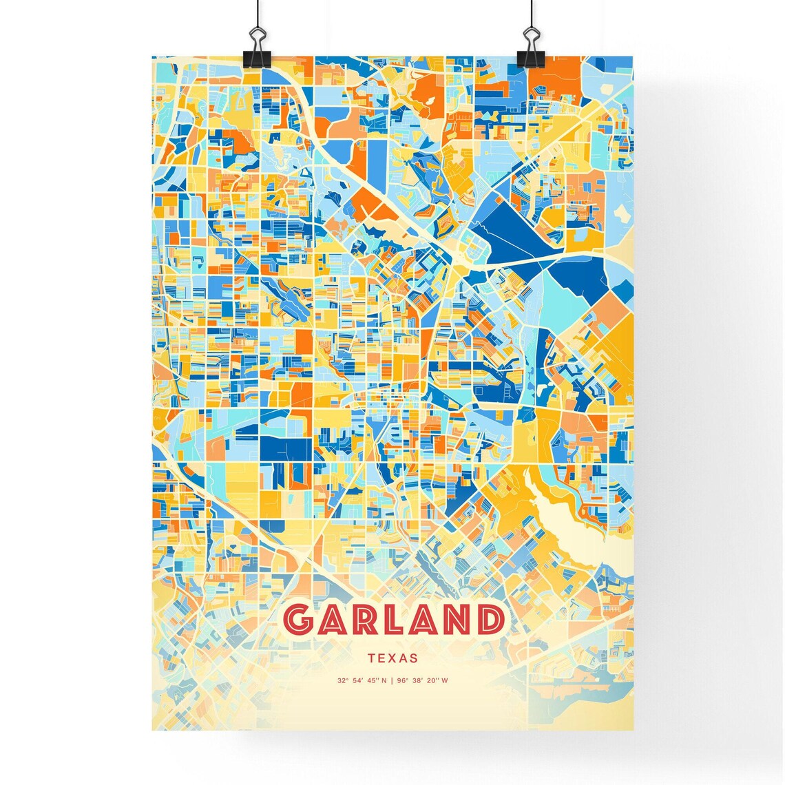 Garland Texas Colorful Blue Orange City Street Map Coordinates Poster