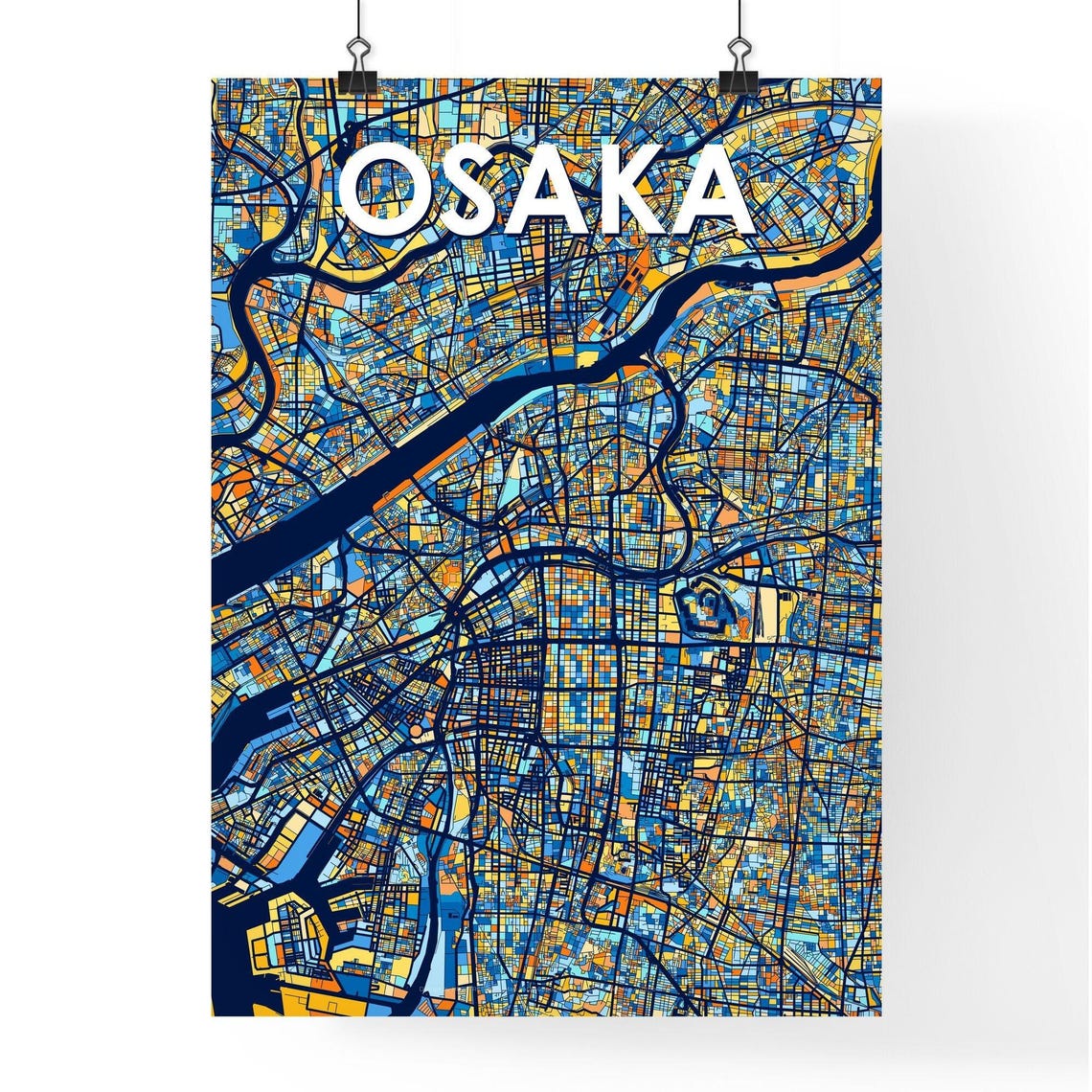 Osaka Japan Stylish Vibrant Blue and Orange Mosaic City Map Poster - Image 4
