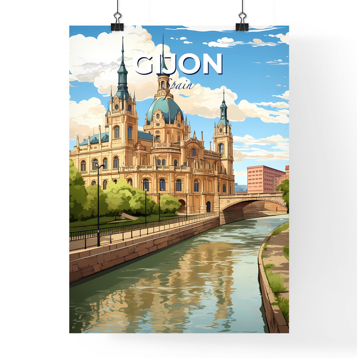 Gijon Spain Grand Domed Cathedral Riverside Stone Bridge Poster - Image 4
