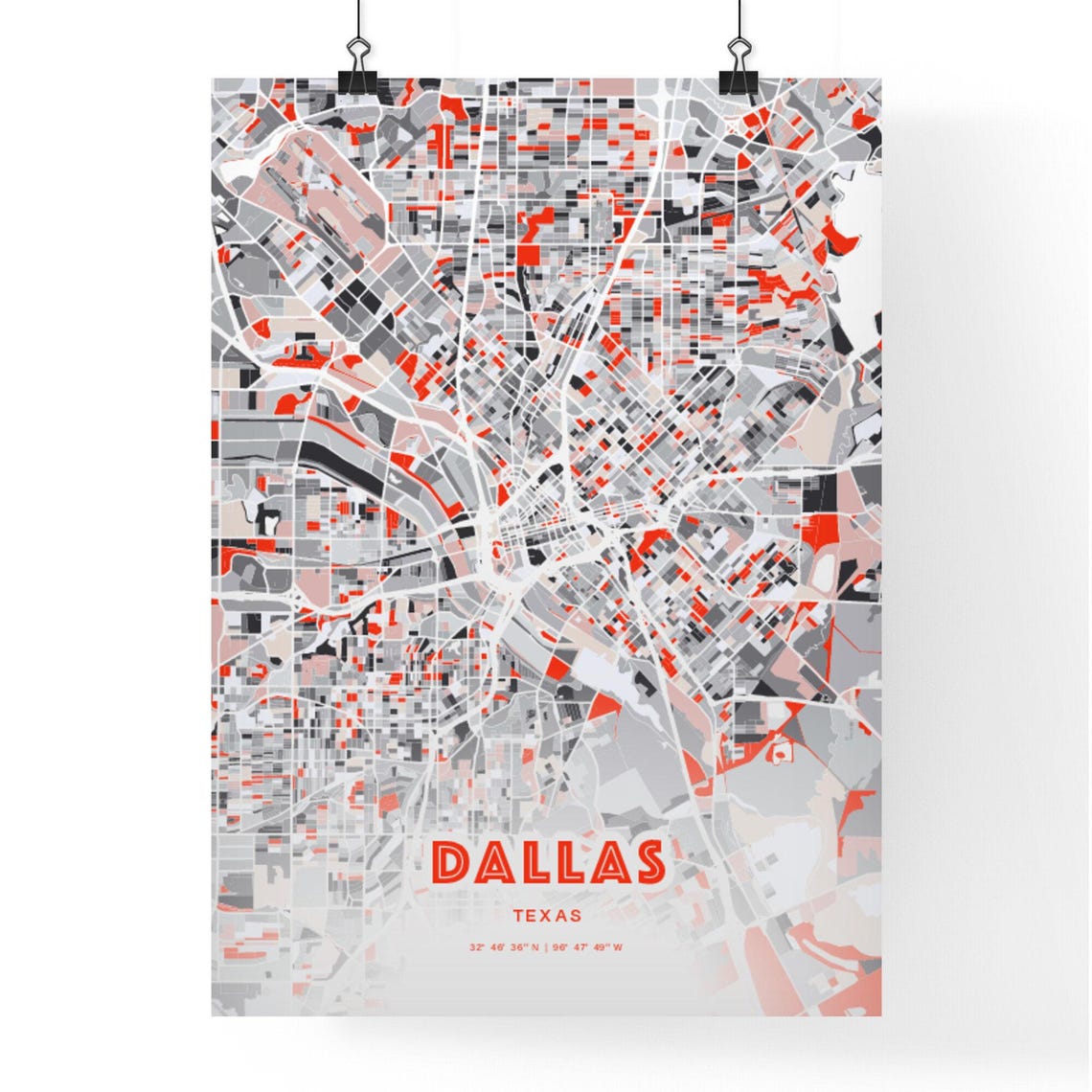 Dallas Texas Modern Red Gray Expressive City Map Poster Customizable - Image 3