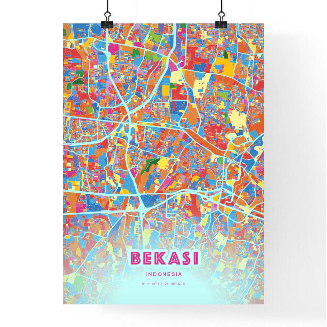 Bekasi Indonesia Vibrant Crazy Colorful Mosaic City Map Poster - Image 3
