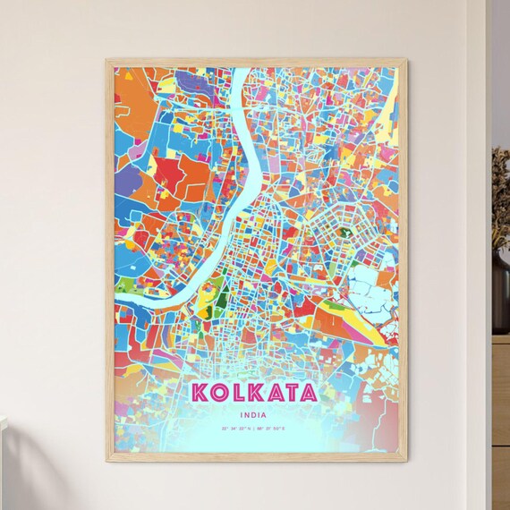 Kolkata India Colorful City Map Art Poster in Pink and Turquoise