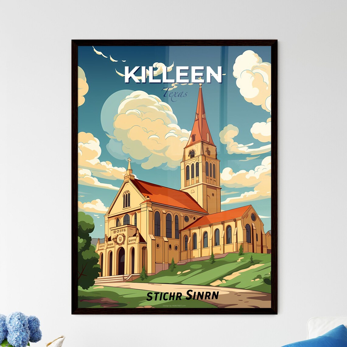 Killeen Texas Historic Stone Church Steeple Vintage Travel Poster