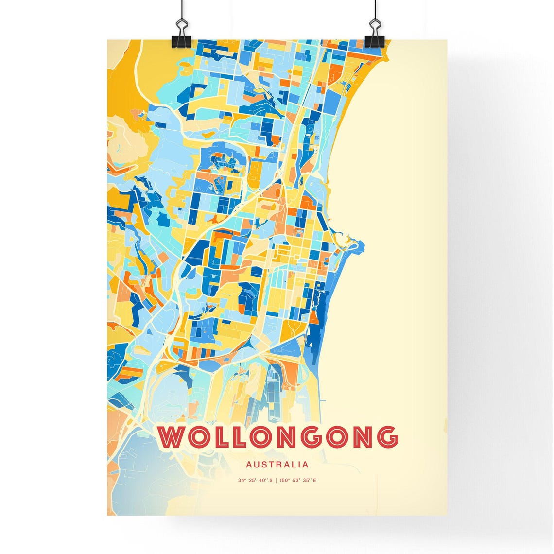 Wollongong Australia Vibrant Blue and Orange City Map Poster - Image 3