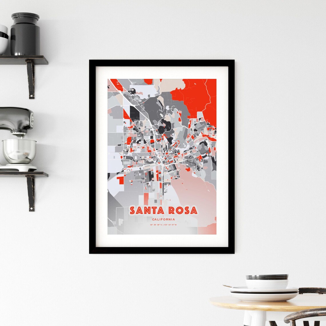 Santa Rosa California City Map Art Modern Red Gray Decor Poster - Image 2