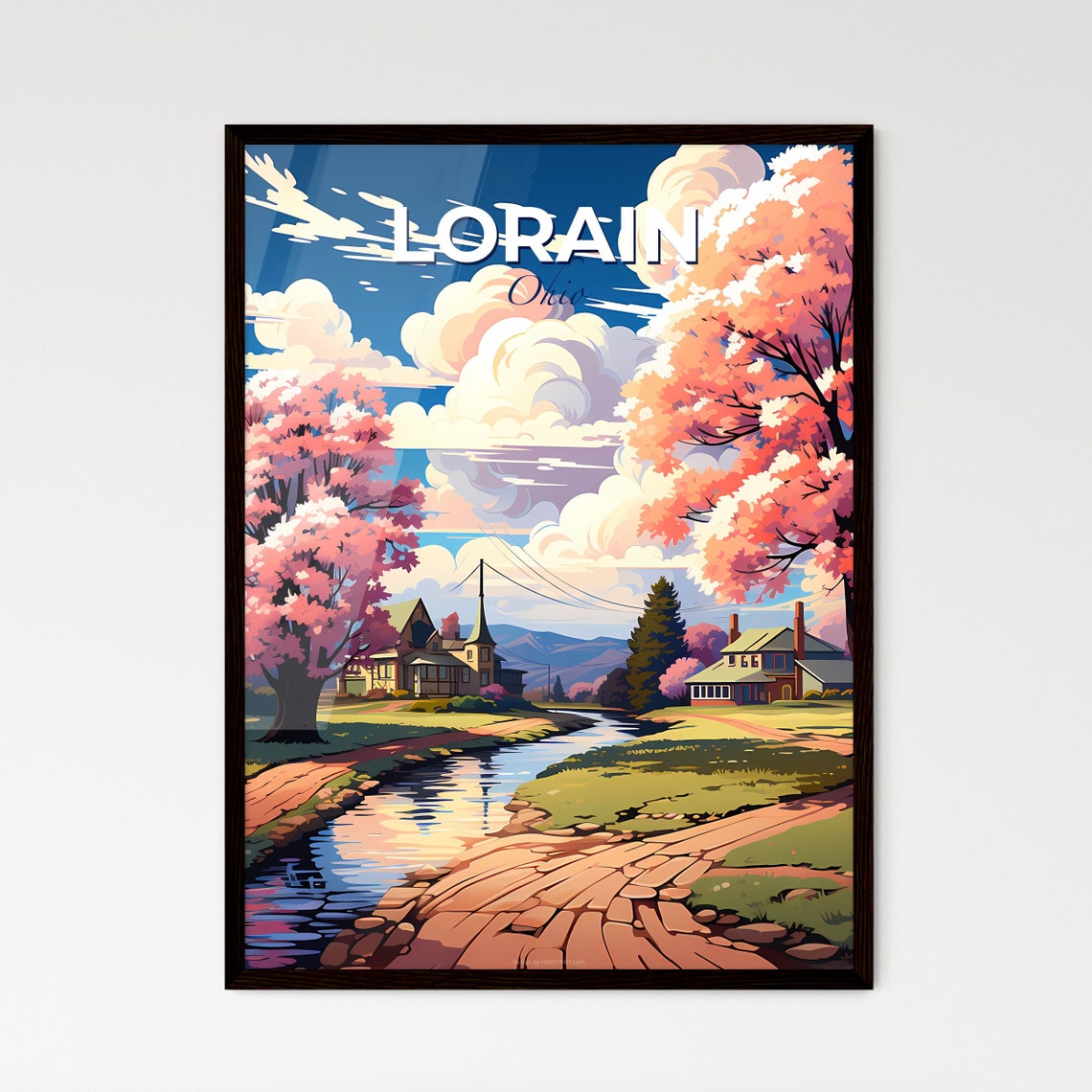 Vivid Lorain Ohio Countryside Cherry Blossom Stream Scene Poster
