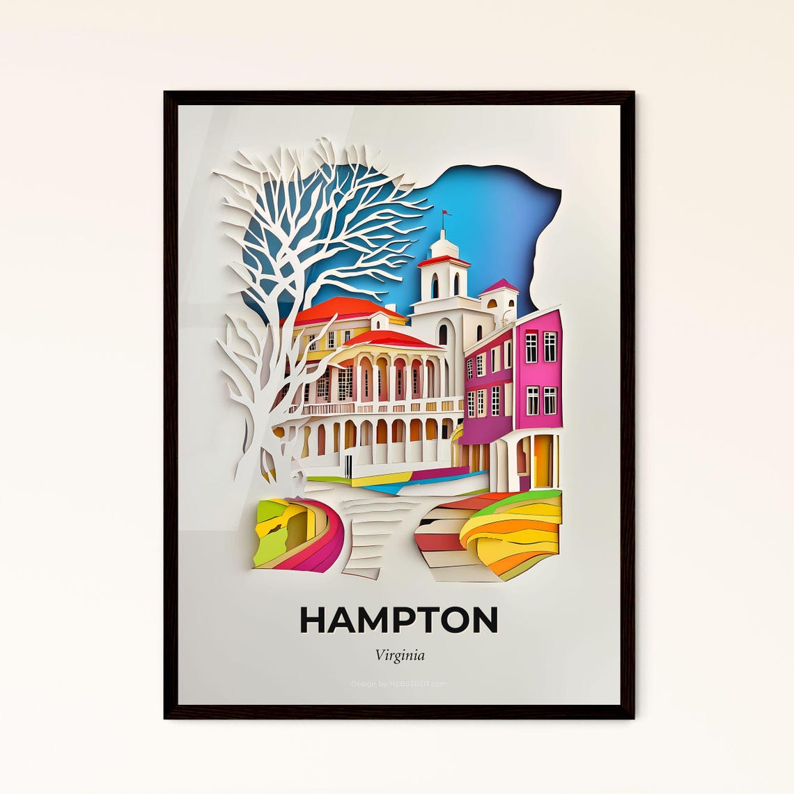 Hampton Virginia Colorful Paper Cut Church and White Tree Poster