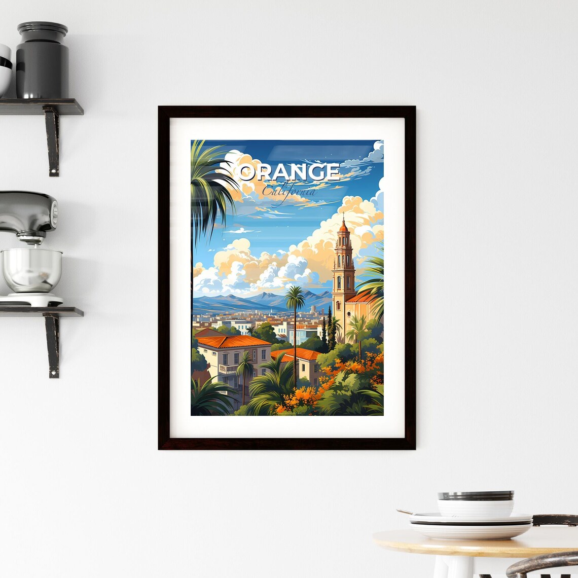 Orange California Mission Bell Tower Palms City Mountain Poster - Image 2
