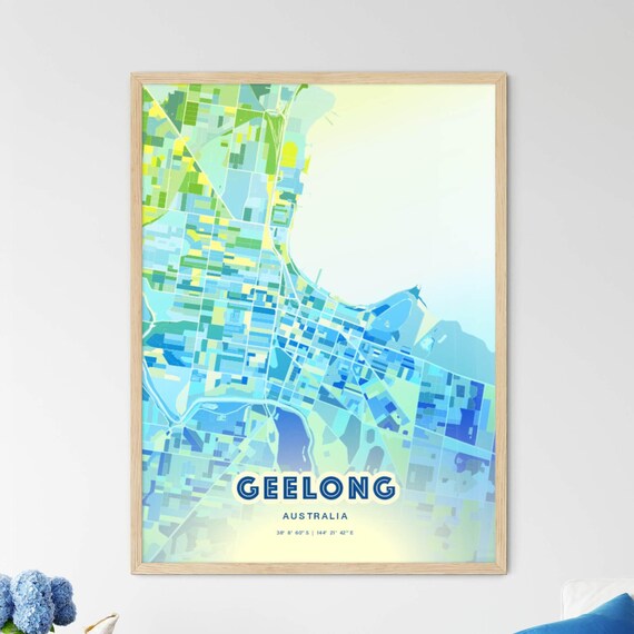 Geelong Australia Bluish Watercolor City Map Art Poster Wall Decor