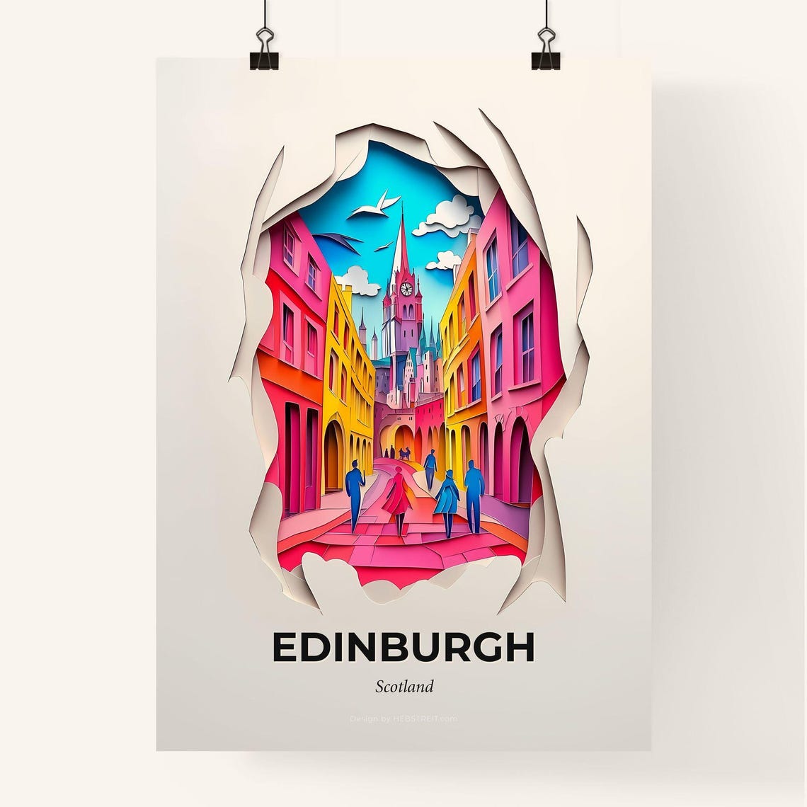 Edinburgh Scotland Colorful Paper Cut Street Clock Tower Poster - Image 4