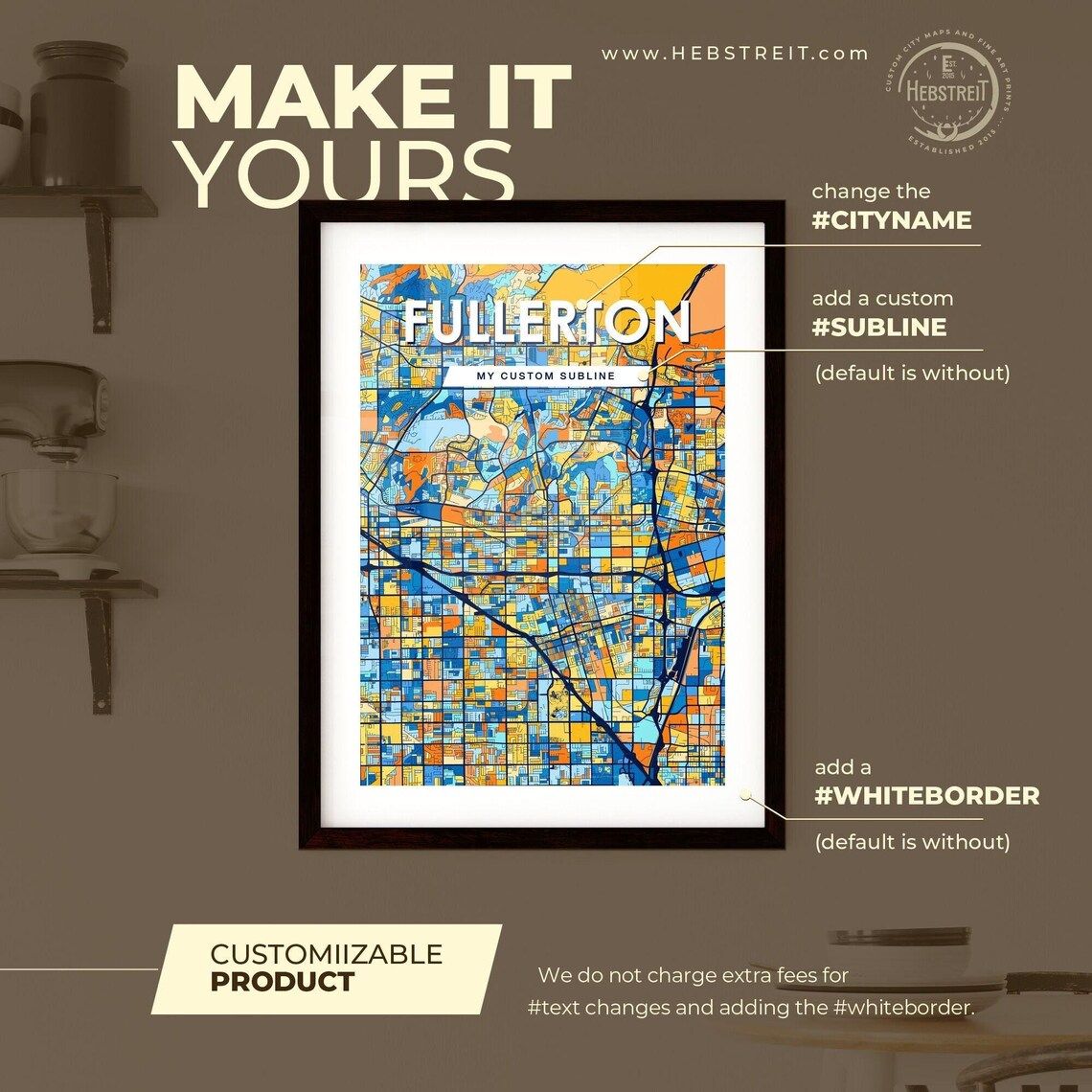 Fullerton California Vibrant Colorful Illustrated Street Map Art Poster - Image 2