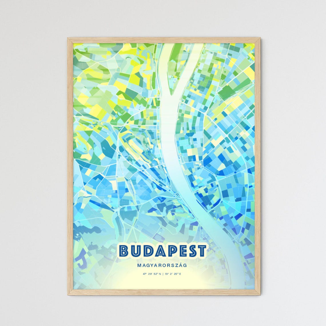 Budapest Hungary Modern Blue Green Custom City Map Poster Gift