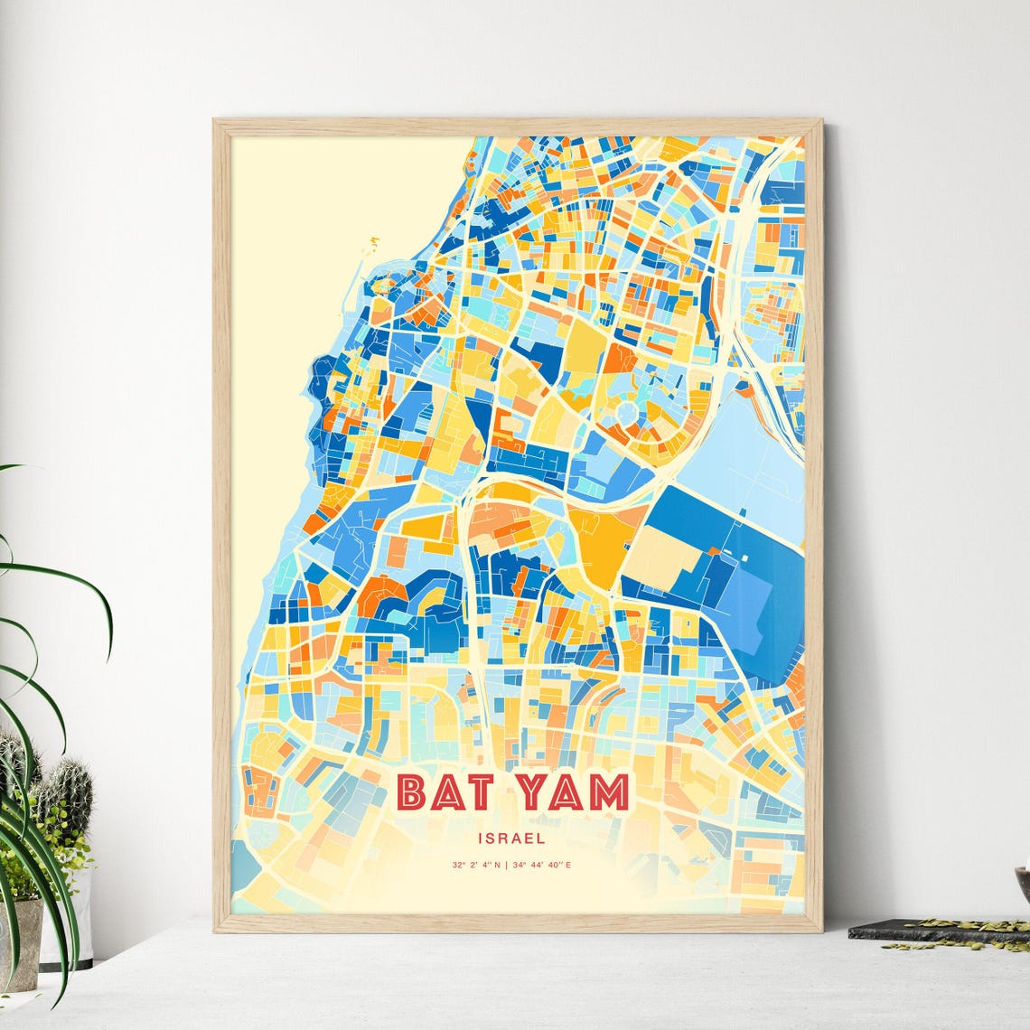 Bat Yam Israel Blue Orange City Map With Coordinates Art Poster