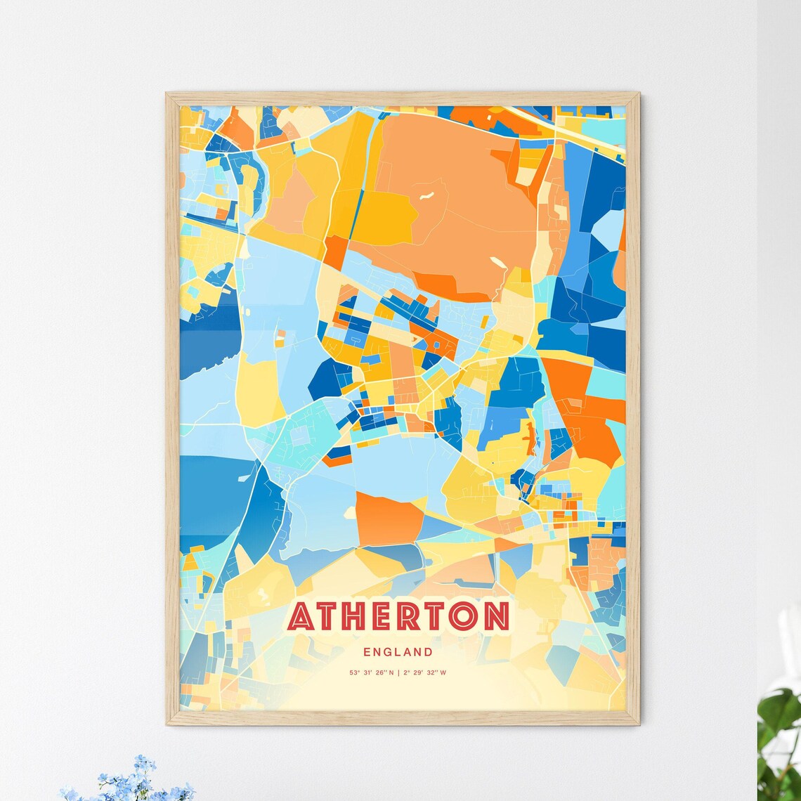 Atherton England Colorful Blue and Orange Retro City Street Map Wall Art
